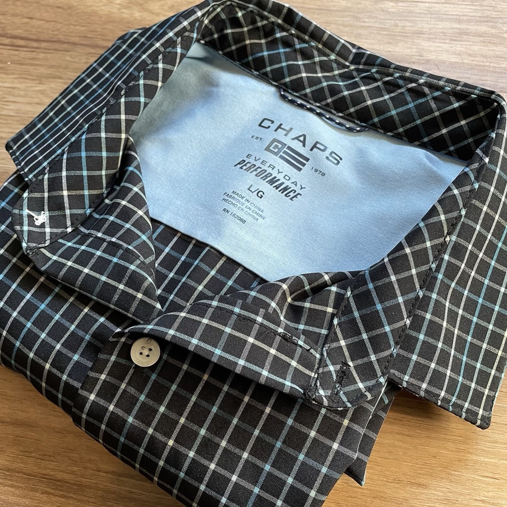 Chaps Adult Man Size Large Button Up Casual Short Sleeve Shirt Blue Plaid